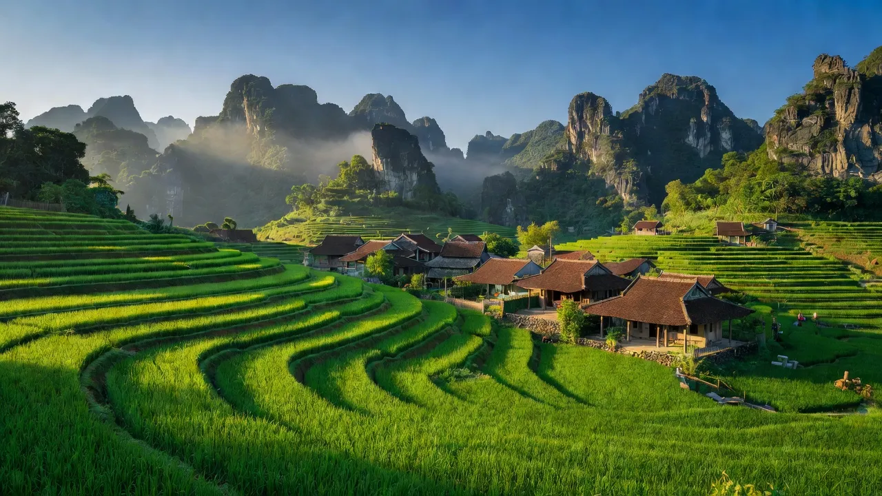 Quỳnh Lưu village in Nho Quan, Ninh Bình, featuring mountains, traditional houses, and lush landscape.
