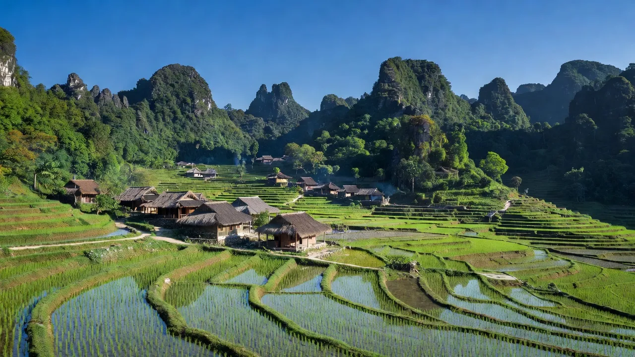 Khung cảnh Thạch Bình, huyện Nho Quan, Ninh Bình với núi non xanh tươi và ruộng bậc thang.