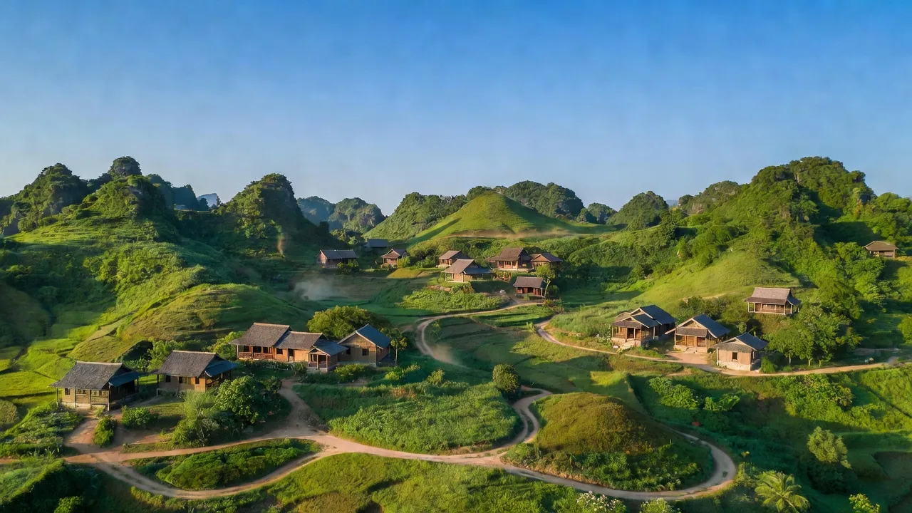 Khung cảnh xã Thạch Bình, huyện Nho Quan, tỉnh Ninh Bình với đồi núi xanh tươi và nhà truyền thống.