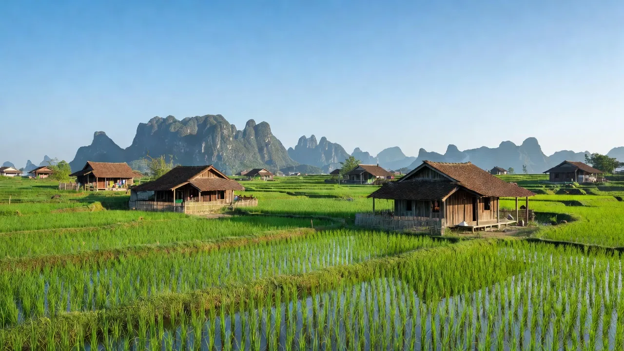Cảnh đẹp Xã Thanh Sơn, Nho Quan, Ninh Bình với ruộng xanh và nhà truyền thống.