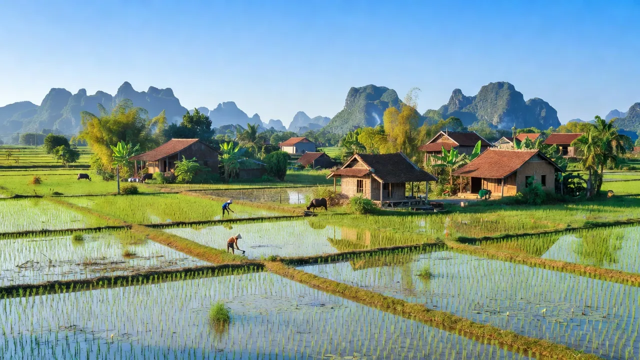 Cảnh đẹp xã Thượng Hòa, Nho Quan, Ninh Bình với cánh đồng xanh và nhà truyền thống.