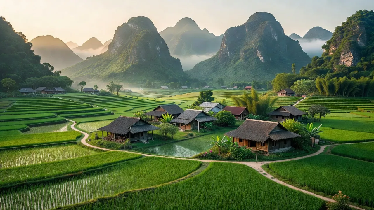 Khung cảnh đẹp tại xã Văn Phú huyện Nho Quan Ninh Bình với núi xanh và ruộng lúa.