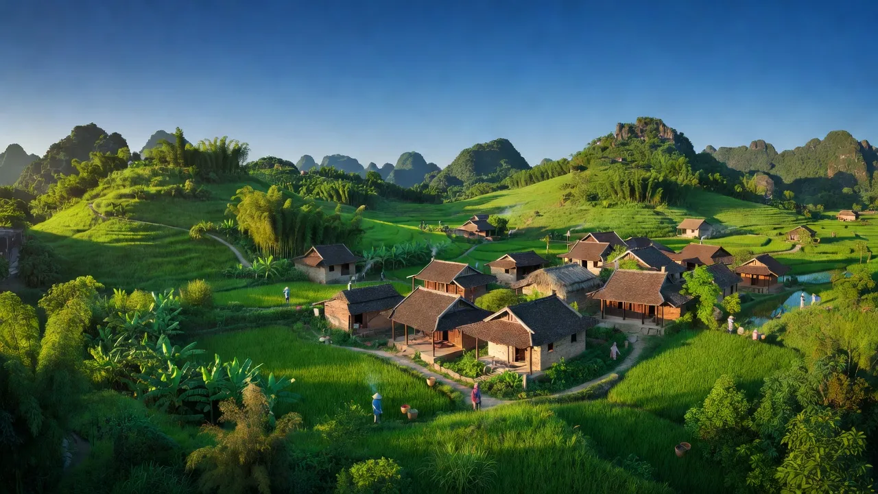 Khung cảnh làng Văn Phú, huyện Nho Quan, tỉnh Ninh Bình với đồi núi và nhà truyền thống.