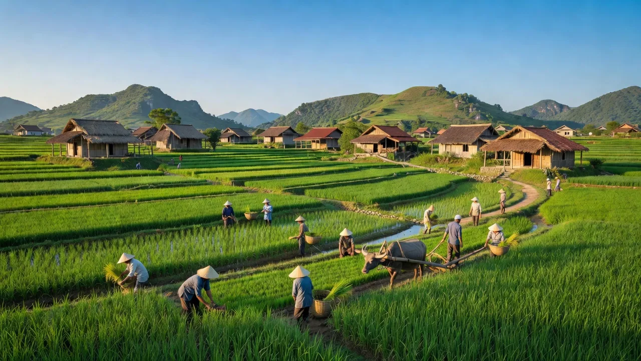 Cảnh đẹp Xã Xích Thổ, huyện Nho Quan, Ninh Bình với đồng lúa xanh mướt và nhà truyền thống.