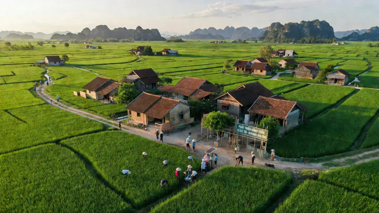 Cảnh quan Xã Xích Thổ, huyện Nho Quan, tỉnh Ninh Bình với cánh đồng xanh và nhà truyền thống.