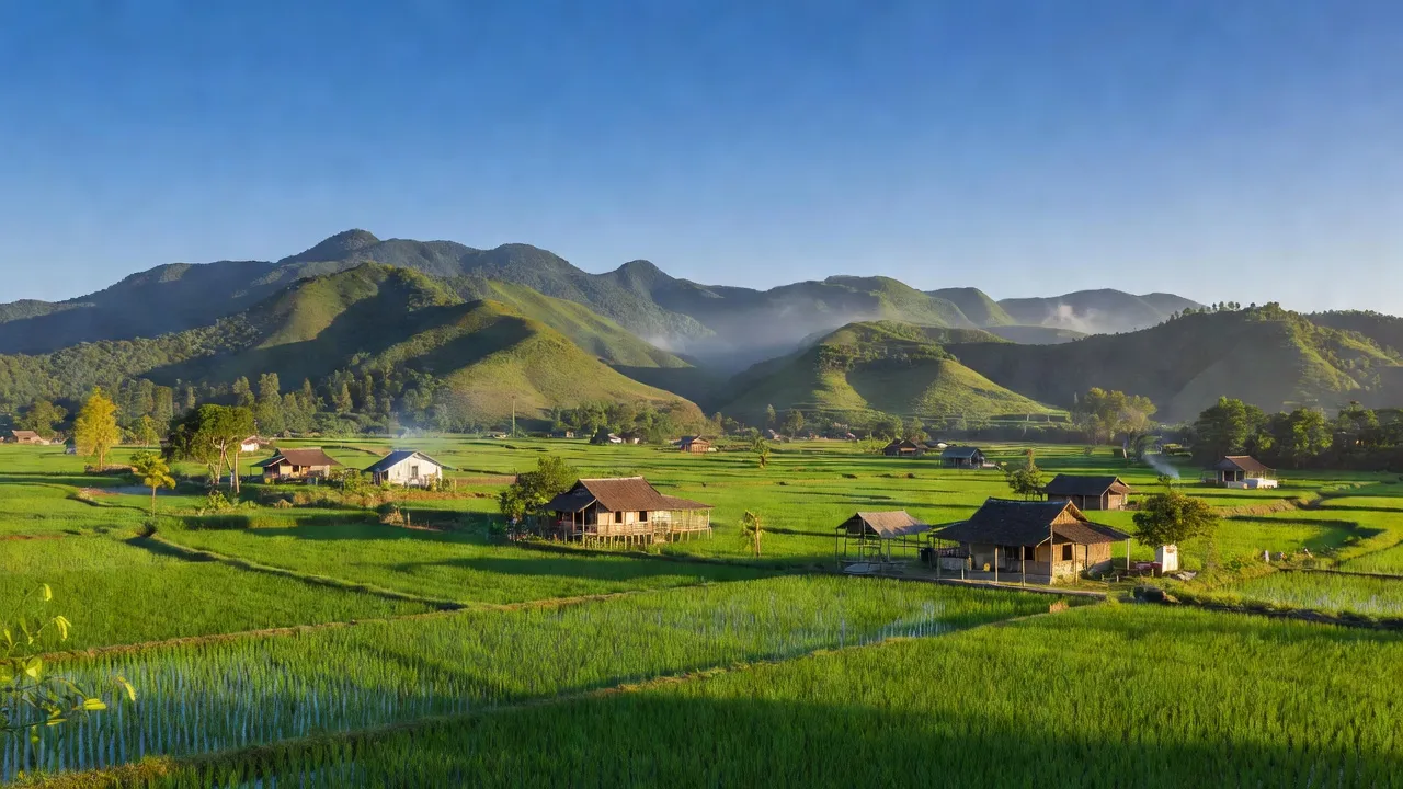 Cảnh đẹp xã Yên Quang, huyện Nho Quan, Ninh Bình với núi, cánh đồng và nhà cửa truyền thống.