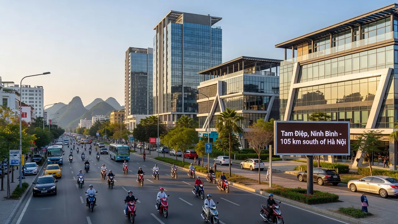 Thành phố Tam Điệp, Ninh Bình với cảnh đô thị hiện đại và nhộn nhịp, gần Hà Nội.