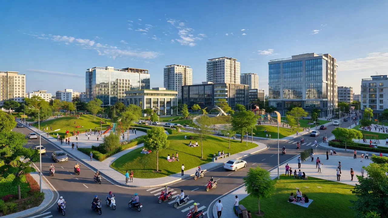 Khung cảnh phường Bắc Sơn, thành phố Tam Điệp, Ninh Bình với hạ tầng hiện đại và công viên xanh.