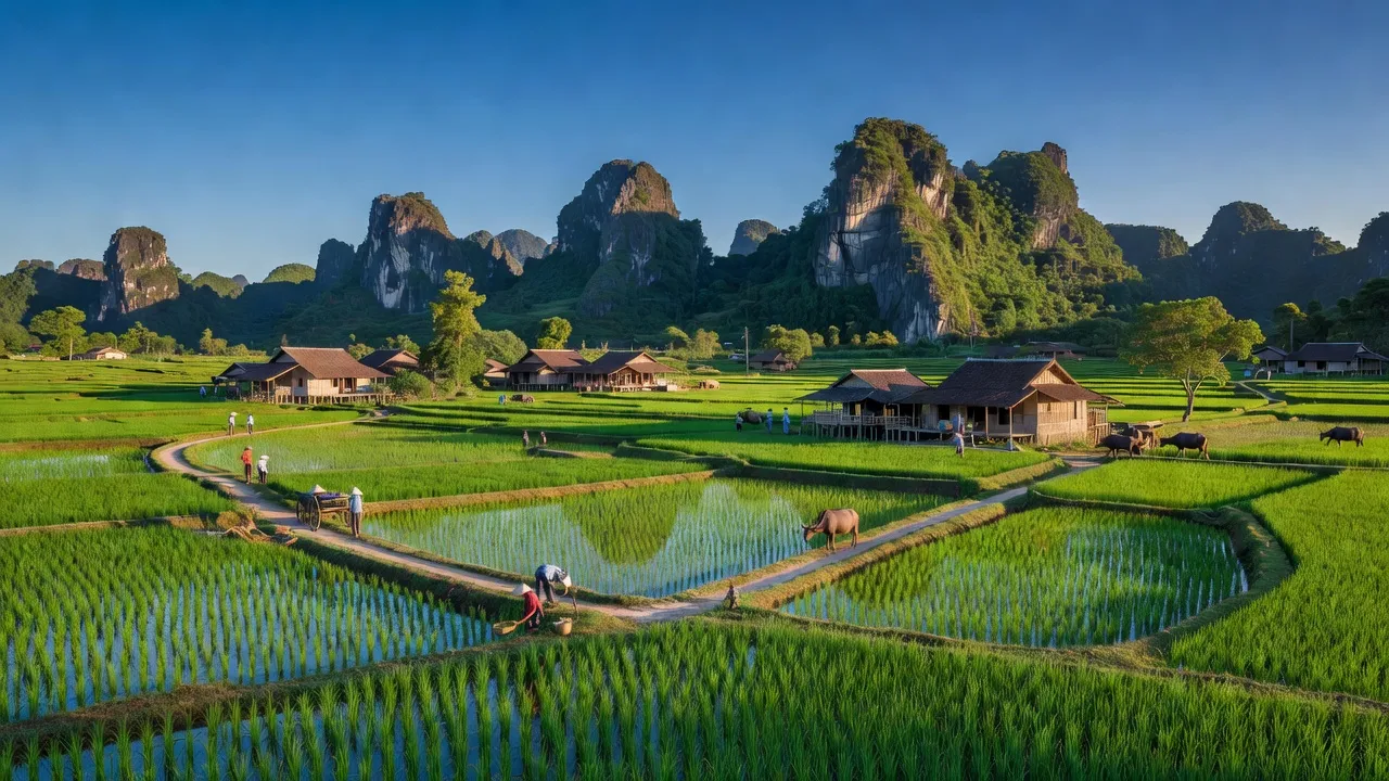 Cảnh quan xã Đông Sơn, thành phố Tam Điệp, tỉnh Ninh Bình với đồng xanh và núi.