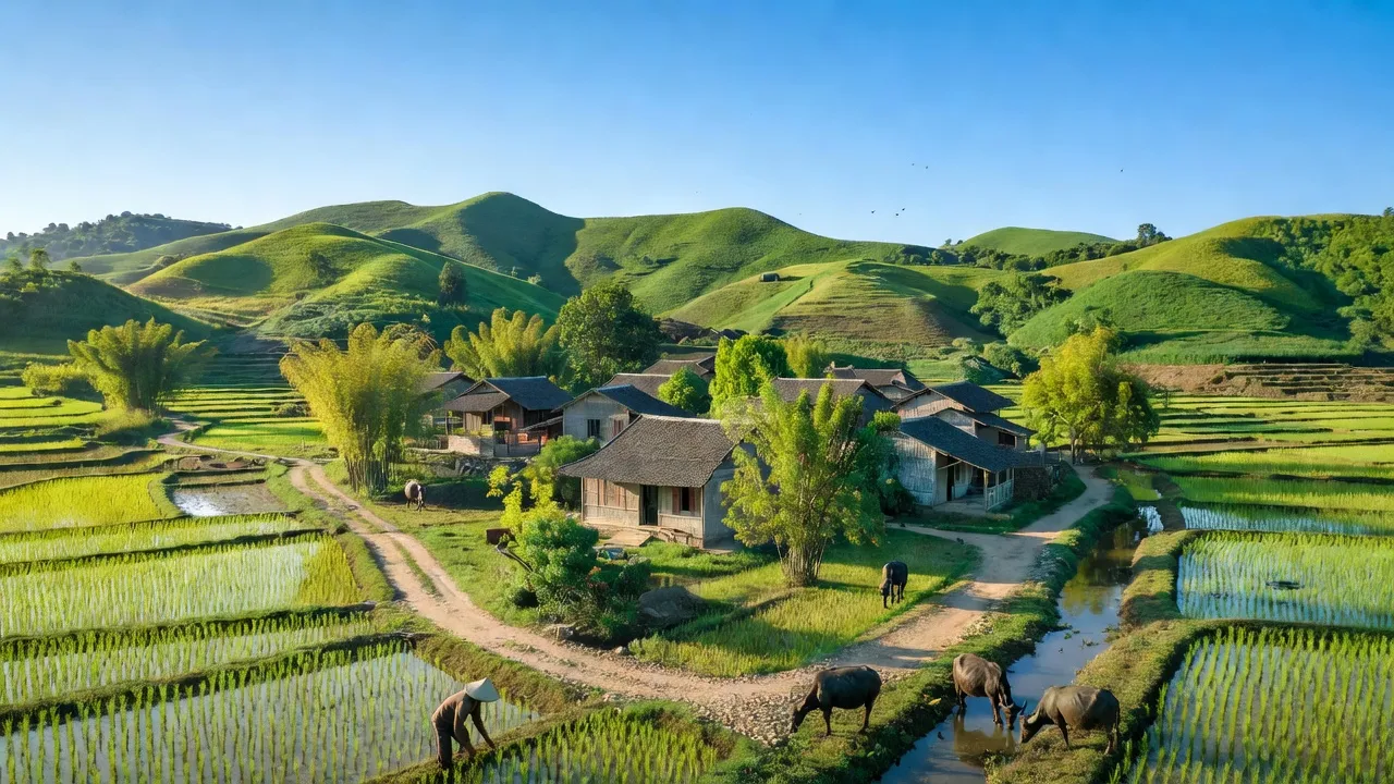 Khung cảnh đẹp của xã Đông Sơn, thành phố Tam Điệp, tỉnh Ninh Bình với thiên nhiên và nông thôn.