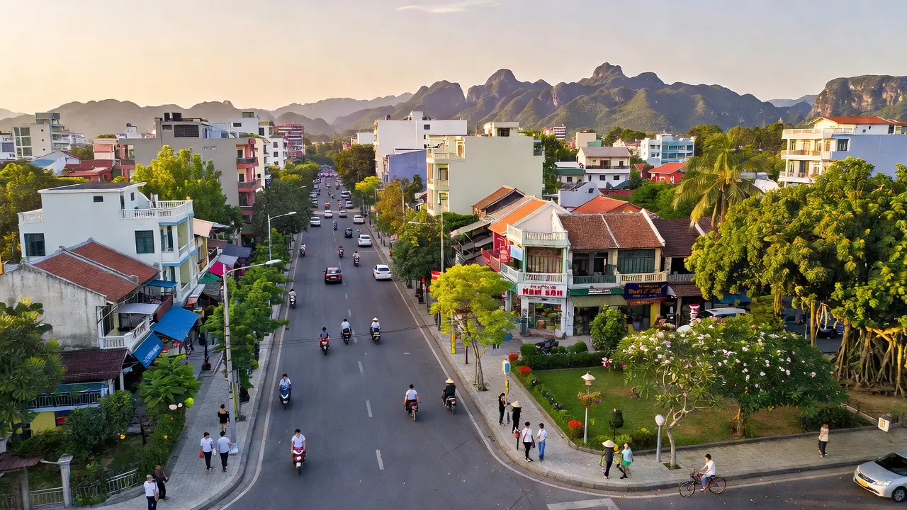 Khung cảnh Phường Nam Sơn, Tam Điệp, Ninh Bình với đường phố nhộn nhịp và cây xanh tươi mát.