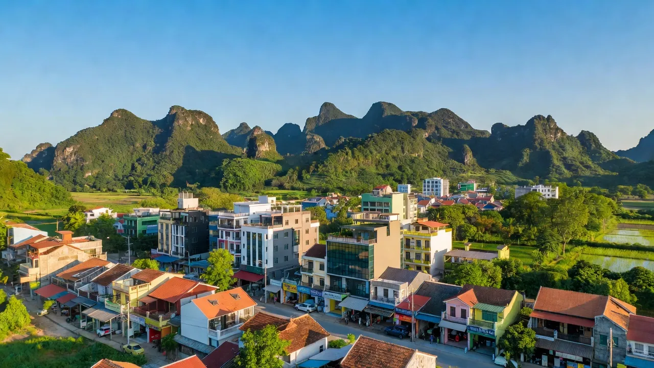 Khung cảnh Phường Tân Bình, thành phố Tam Điệp, tỉnh Ninh Bình với cây cối và kiến trúc địa phương.