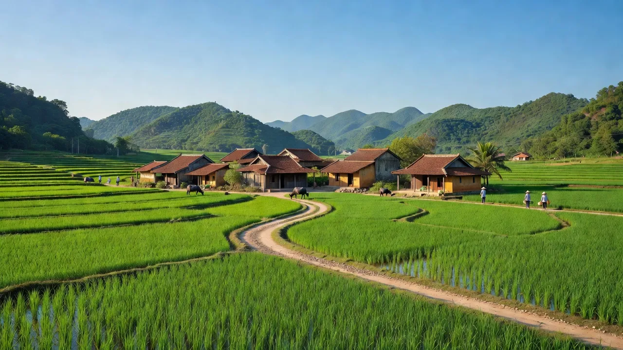 Khung cảnh yên bình Phường Tây Sơn, Thành phố Tam Điệp, Ninh Bình với cánh đồng xanh tươi và kiến trúc truyền thống.