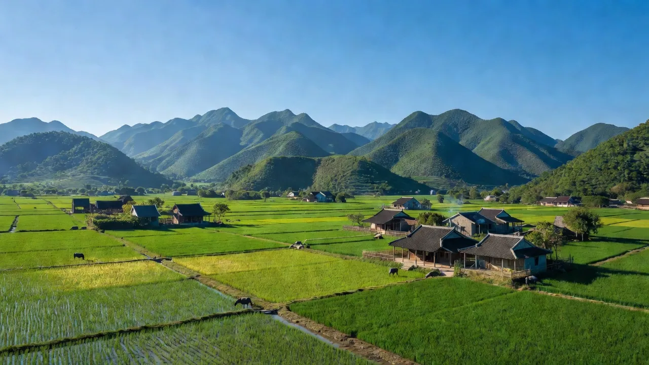 Cảnh quan Phường Trung Sơn, Tam Điệp, Ninh Bình với núi non, cánh đồng, và ánh nắng rực rỡ.