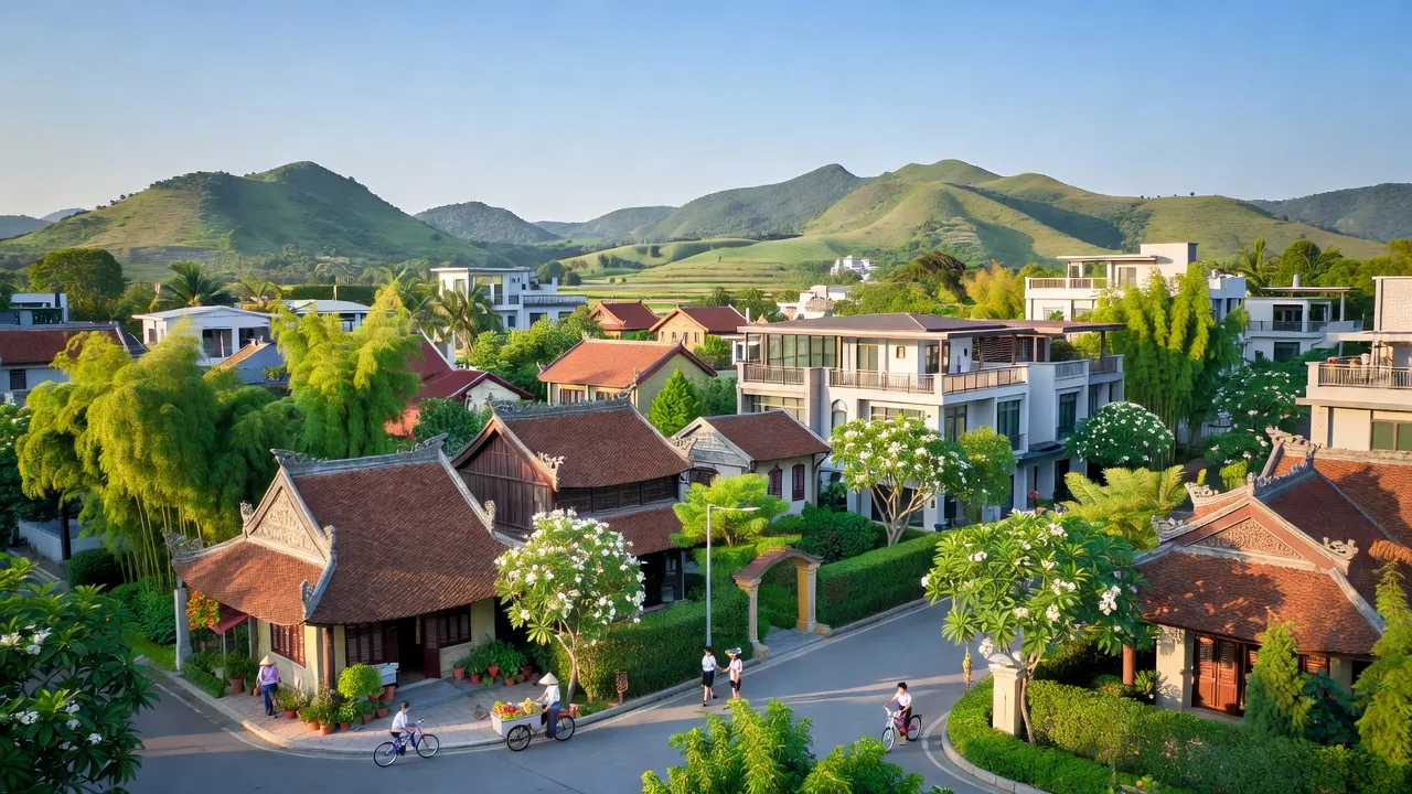 Phường Trung Sơn, Tam Điệp, Ninh Bình with urban landscapes and lush greenery, clear sky.