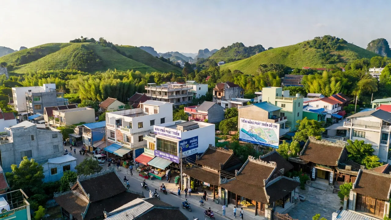 Cảnh quan Phường Yên Bình, thành phố Tam Điệp, Ninh Bình với kiến trúc truyền thống và đồi xanh.