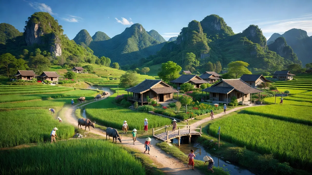 Khung cảnh xã Yên Sơn, thành phố Tam Điệp, Ninh Bình với núi xanh và nhà truyền thống.