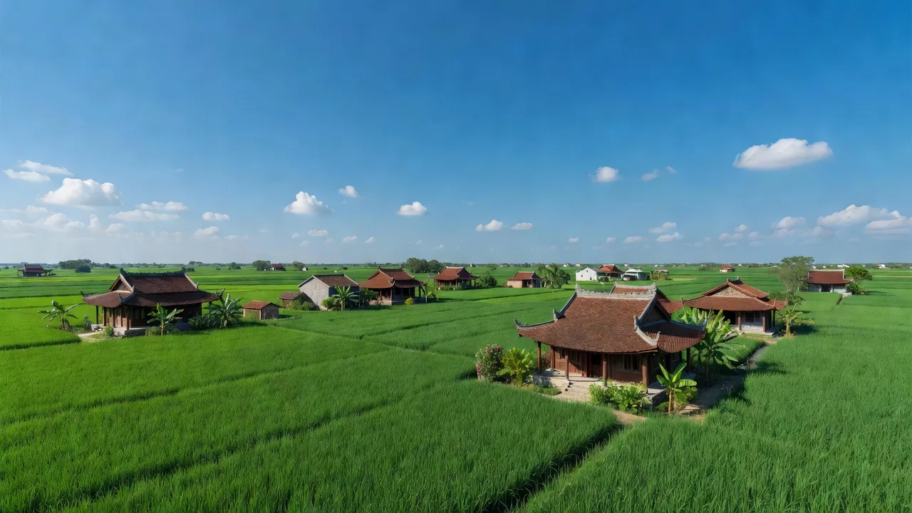 Cảnh quan huyện Yên Khánh Ninh Bình với cánh đồng xanh và nhà truyền thống, mùa hè, bầu trời trong.
