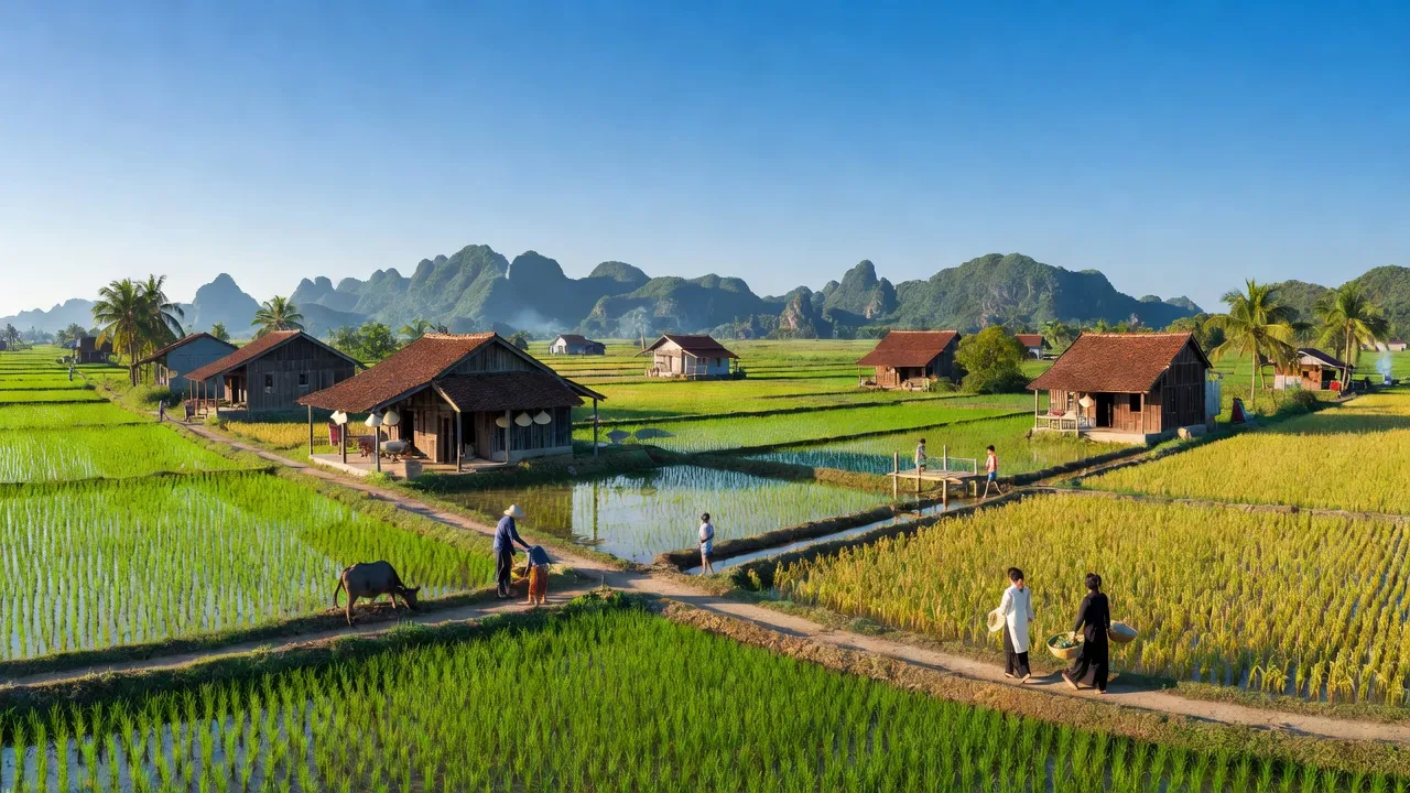 Khung cảnh huyện Yên Khánh, Ninh Bình với ruộng đồng xanh và nhà truyền thống Việt Nam.