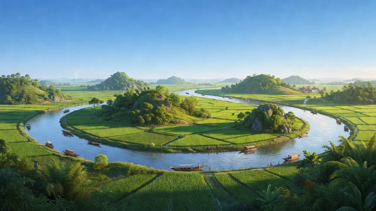 Khánh An, Ninh Bình, picturesque landscape with Đáy River and green fields, peaceful rural life.