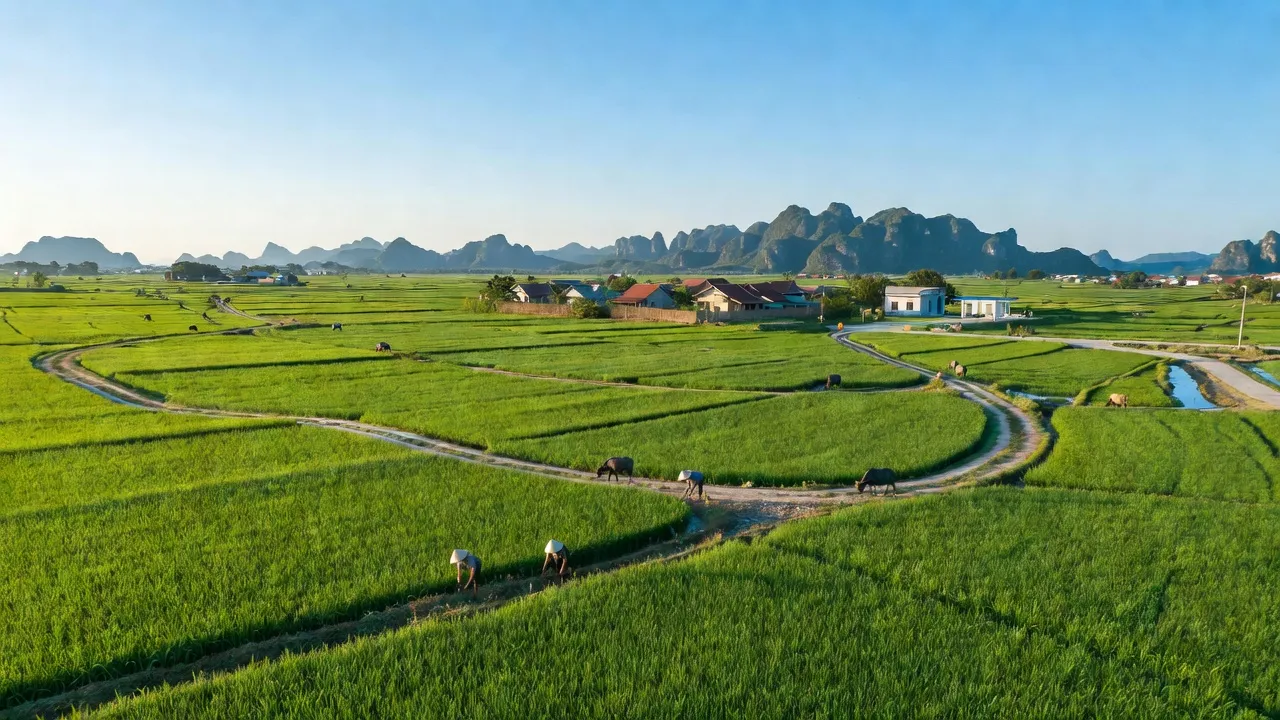 Khánh Công, Yên Khánh, Ninh Bình với đồng xanh và núi, khám phá vẻ đẹp nông thôn mới.