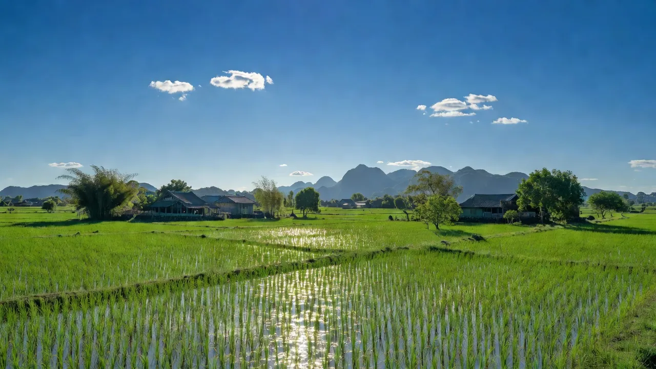 Khung cảnh nông thôn xã Khánh Công, huyện Yên Khánh, tỉnh Ninh Bình với đồng ruộng xanh tươi.
