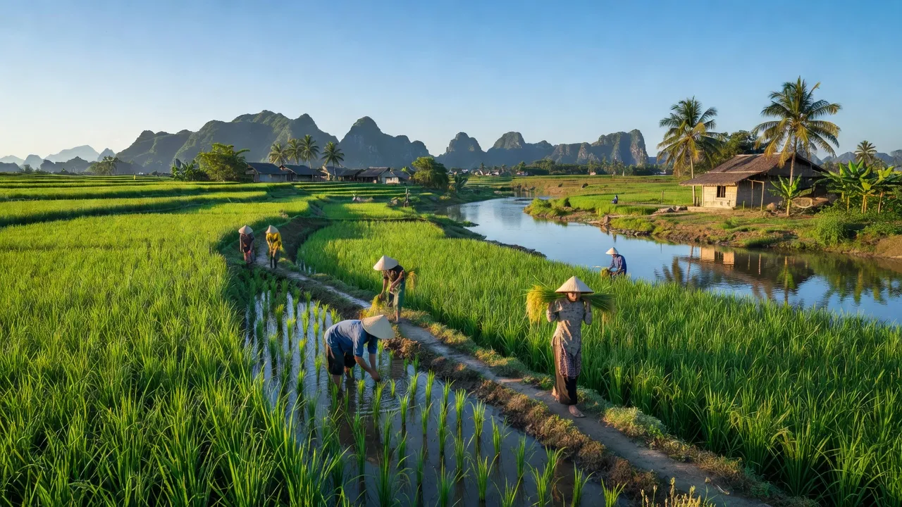 Khánh Cường village in Yên Khánh, Ninh Bình with green rice fields and local farmers.