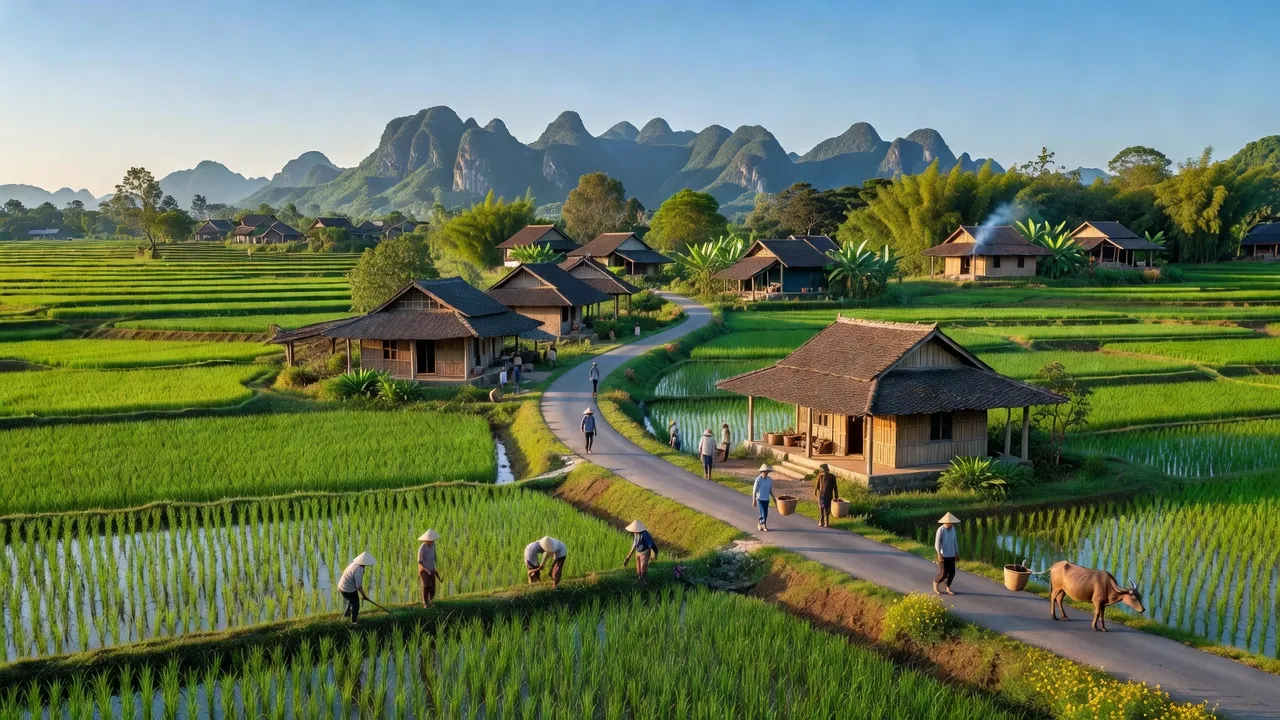 Khánh Hải village in Yên Khánh, Ninh Bình, with rice fields and traditional homes, rural landscape.