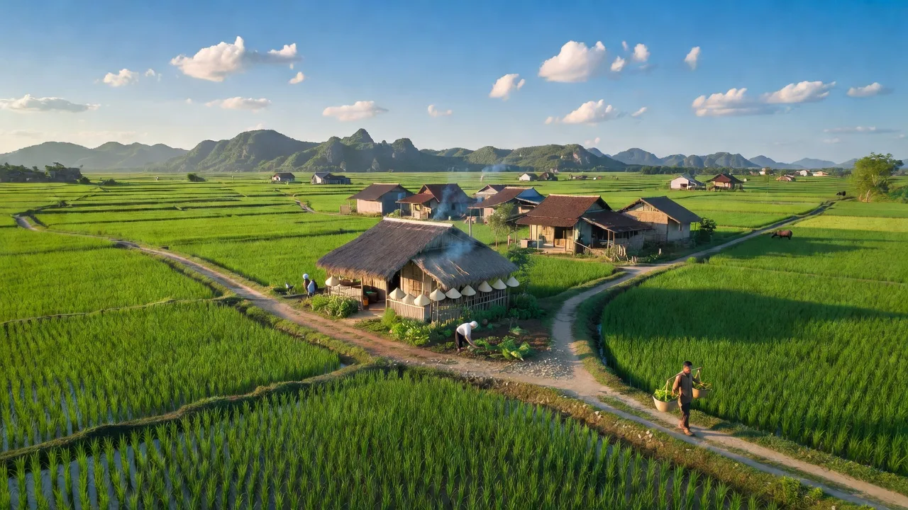 Khánh Hải, Yên Khánh, Ninh Bình, countryside landscape with green fields and rural houses.