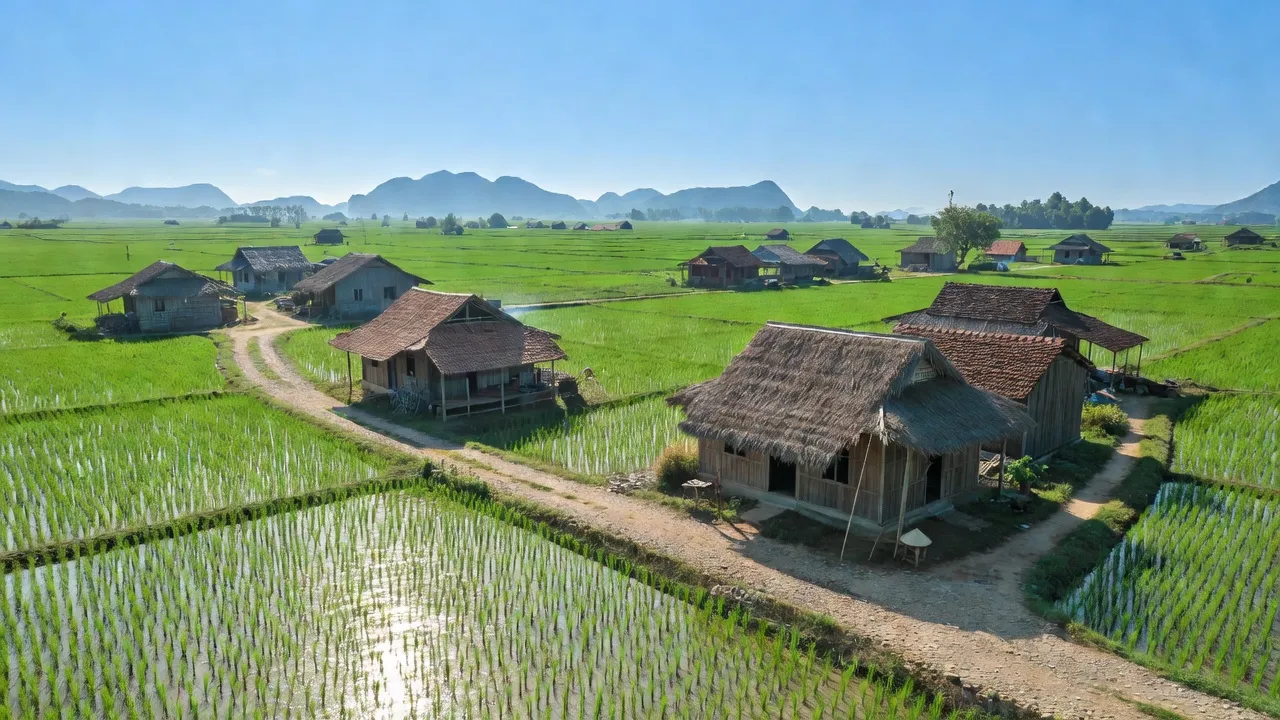 Khánh Hòa village in Yên Khánh, Ninh Bình, featuring green fields and traditional houses, rural Vietnam.