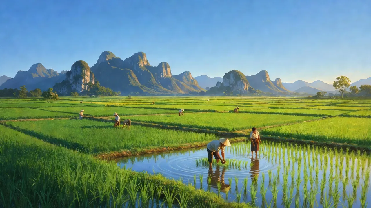 Khung cảnh xã Khánh Hòa, huyện Yên Khánh, tỉnh Ninh Bình với đồng ruộng xanh tươi và núi non.