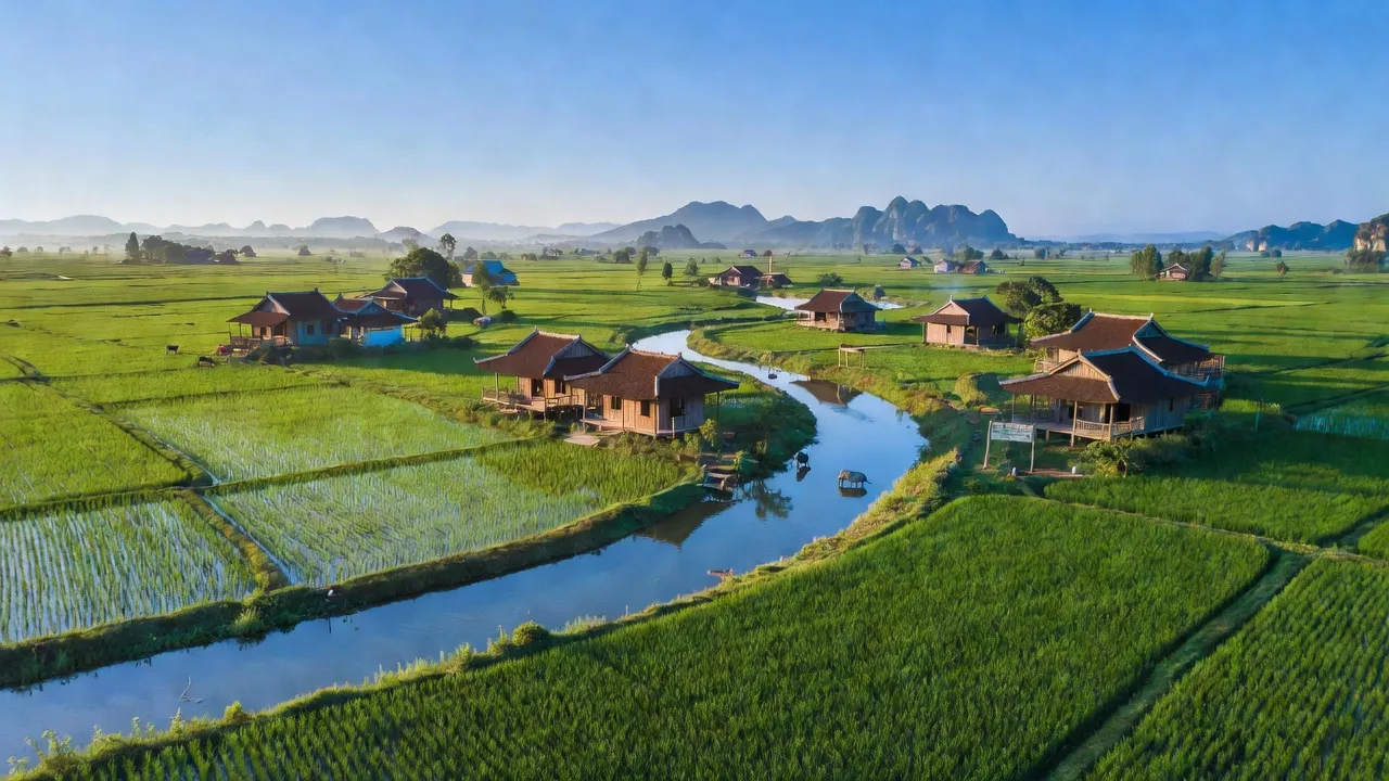 Cảnh đồng xanh tươi và nhà truyền thống ở xã Khánh Hội, huyện Yên Khánh, tỉnh Ninh Bình.