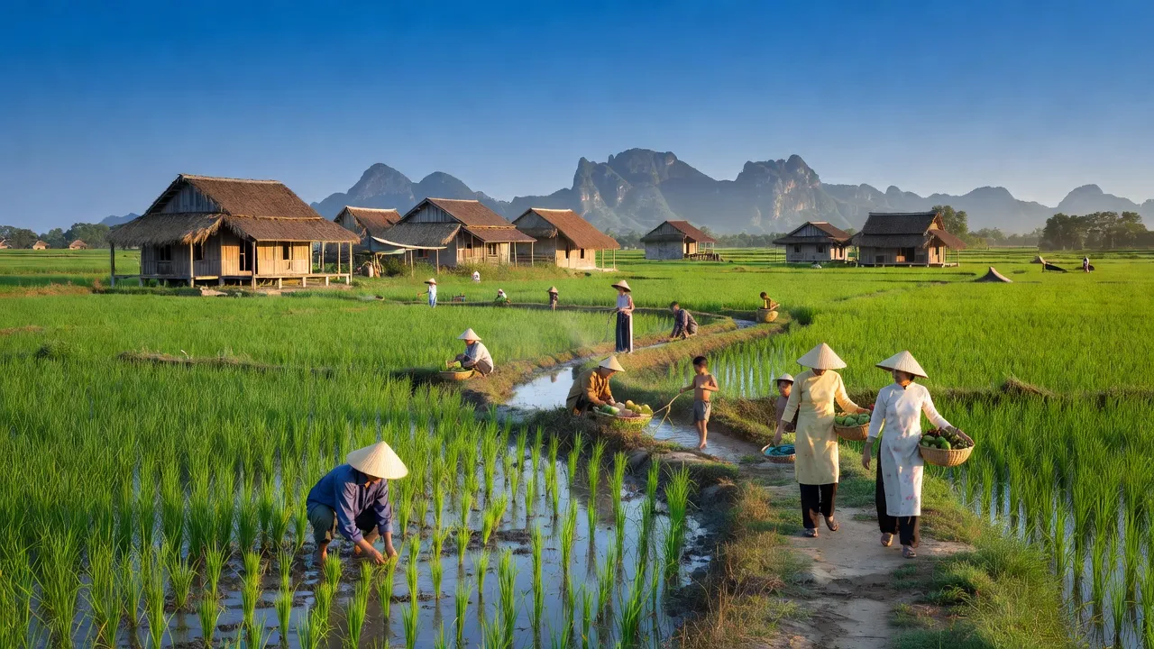Khánh Hội, Yên Khánh, Ninh Bình: landscape with green fields, houses, and community activities, representing social life.