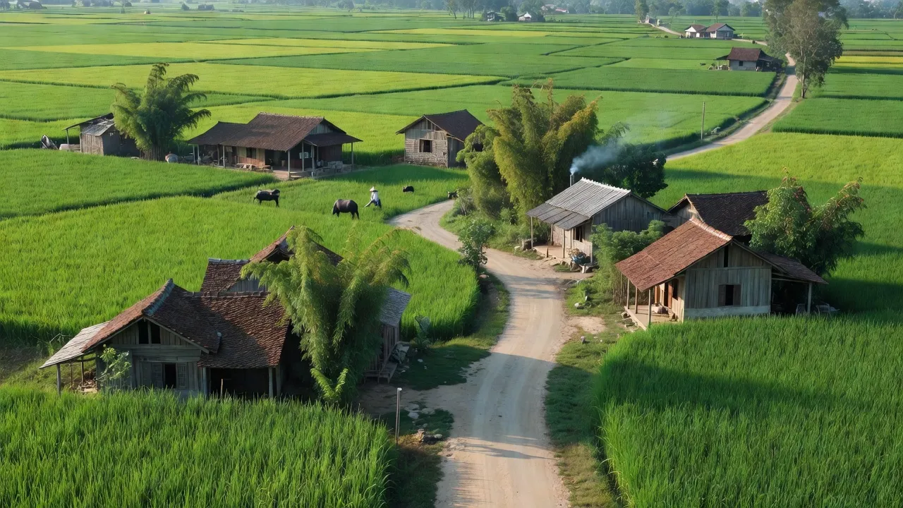 Cảnh đồng quê xã Khánh Lợi, huyện Yên Khánh với nhà truyền thống và cánh đồng xanh.