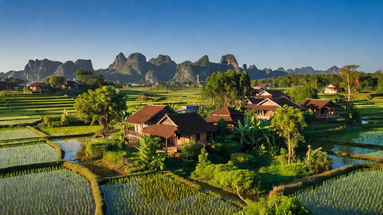 Khánh Lợi village in Yên Khánh, Ninh Bình, featuring traditional houses and green rice fields.
