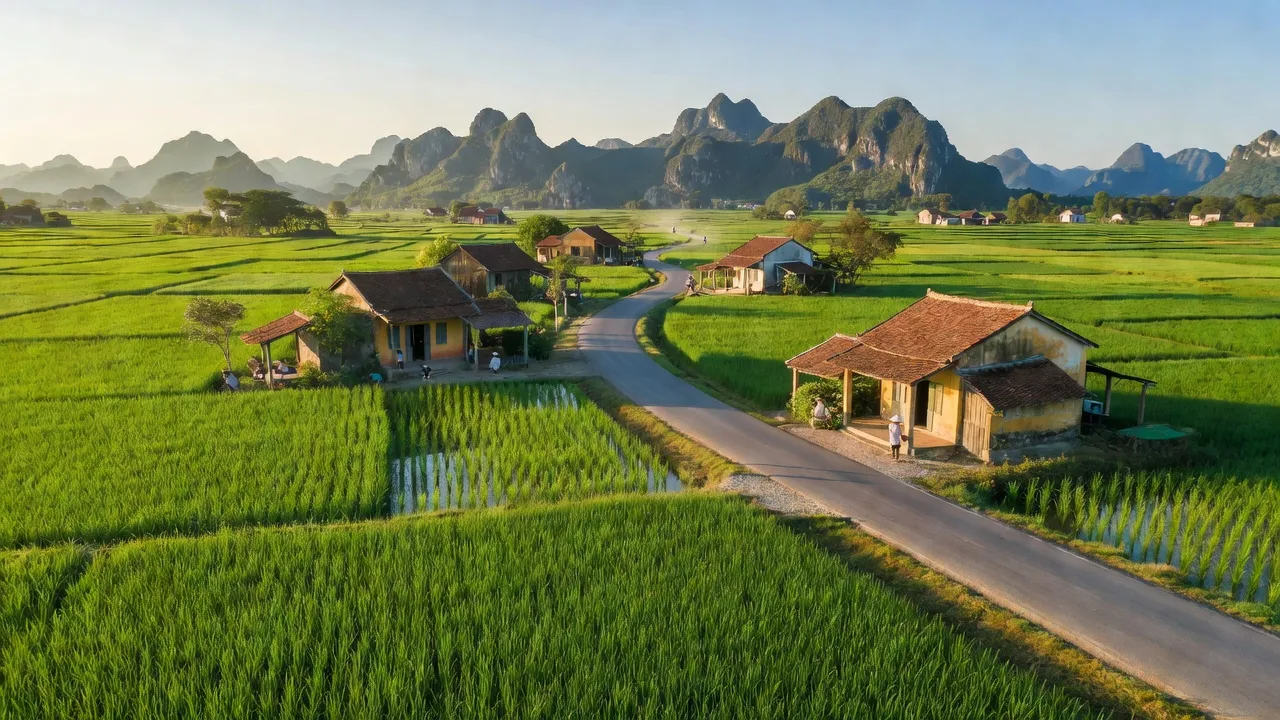 Quang cảnh xã Khánh Mậu, huyện Yên Khánh, Ninh Bình với đồng xanh và Quốc lộ 481B.