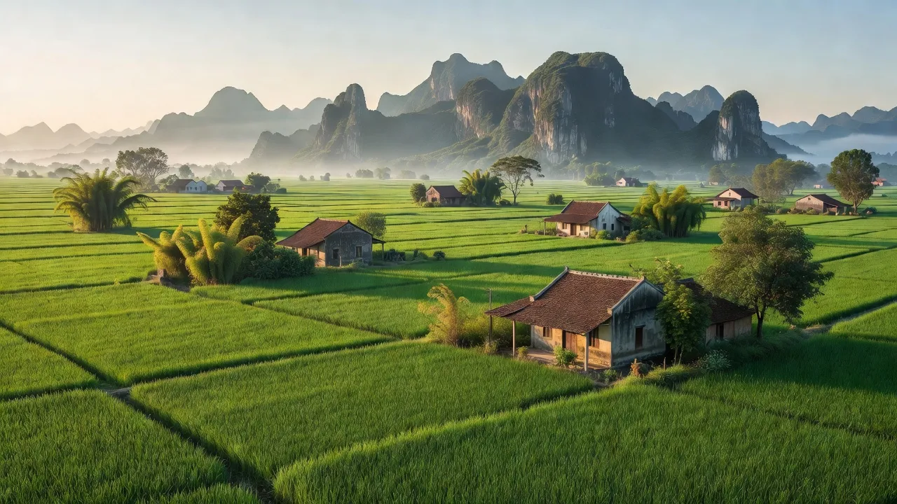 Cảnh đồng xanh và nhà cửa tại xã Khánh Nhạc, huyện Yên Khánh, Ninh Bình, thúc đẩy kinh tế nông nghiệp.