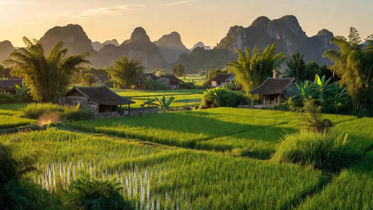 Khánh Nhạc village in Yên Khánh, Ninh Bình, with rice fields, traditional houses, and mountainous backdrop.