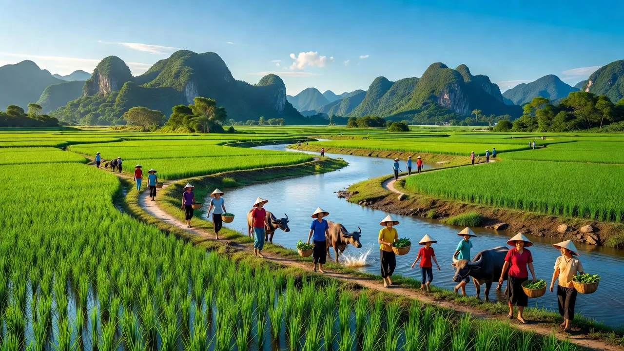 Khái quát nông thôn xã Khánh Thành, huyện Yên Khánh, tỉnh Ninh Bình với ruộng và sông.