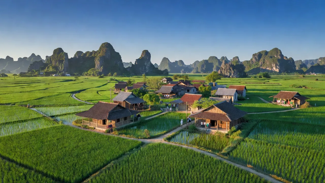 Khánh Thiện, Yên Khánh, Ninh Bình with lush fields and traditional houses, showcasing local beauty.