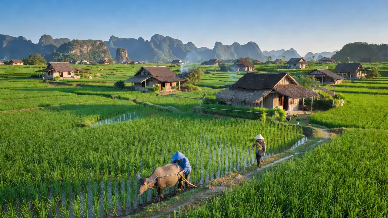 Cảnh đẹp làng Khánh Thủy, huyện Yên Khánh, tỉnh Ninh Bình với cánh đồng xanh rộng lớn.
