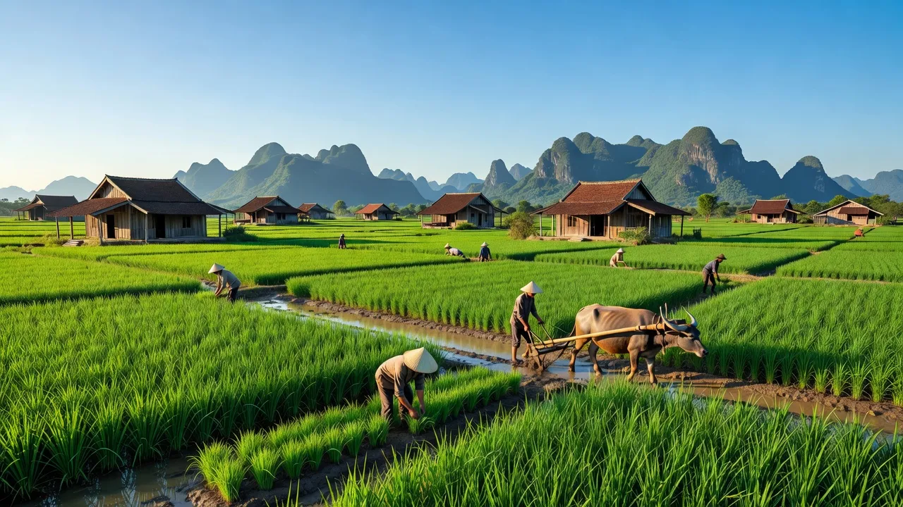 Khung cảnh Xã Khánh Thủy, Ninh Bình với cánh đồng xanh và nhà truyền thống, biểu tượng nông nghiệp Việt Nam.