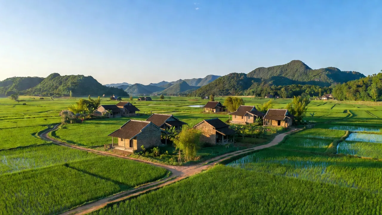 Cảnh đẹp xã Khánh Trung, huyện Yên Khánh, Ninh Bình với các cánh đồng xanh và nhà truyền thống.