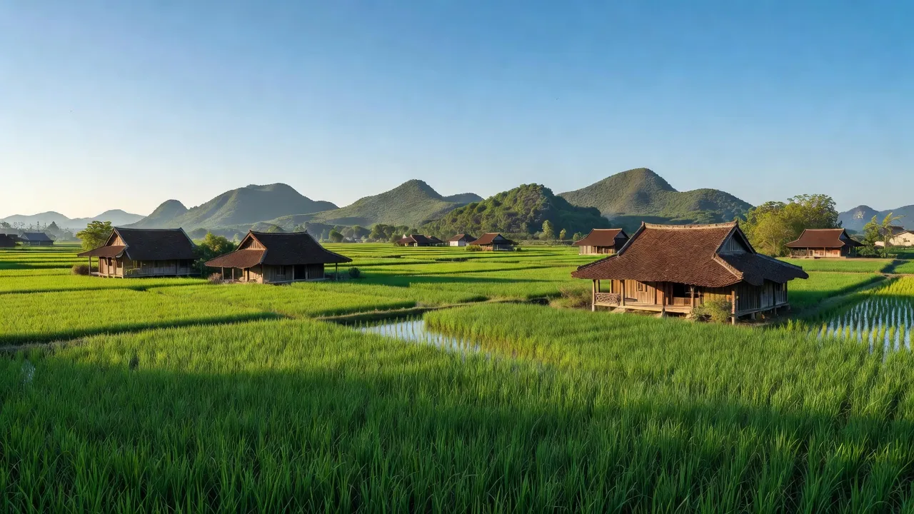 Khánh Trung xã landscape with green fields, traditional houses, and hills in Ninh Bình, Vietnam.