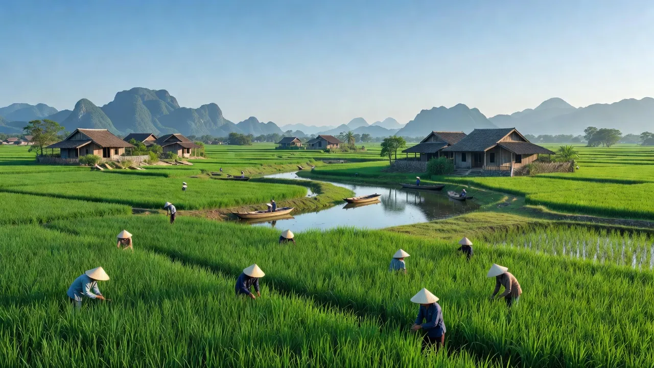 Khánh Vân, Yên Khánh, Ninh Bình, beautiful rural landscape, rice fields, traditional houses, vibrant nature.