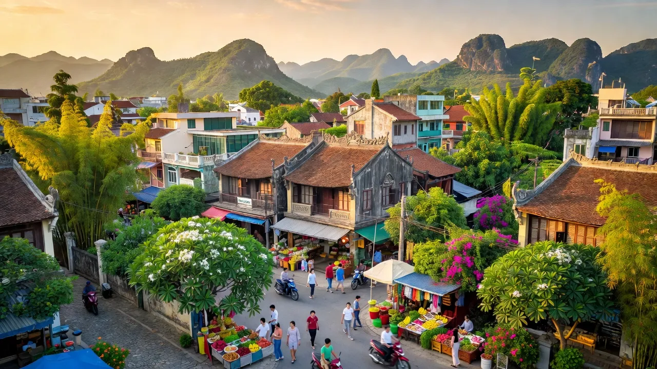 Thị trấn Yên Ninh, huyện Yên Khánh, tỉnh Ninh Bình với cảnh quan thiên nhiên tươi đẹp, nhà cửa và người dân.