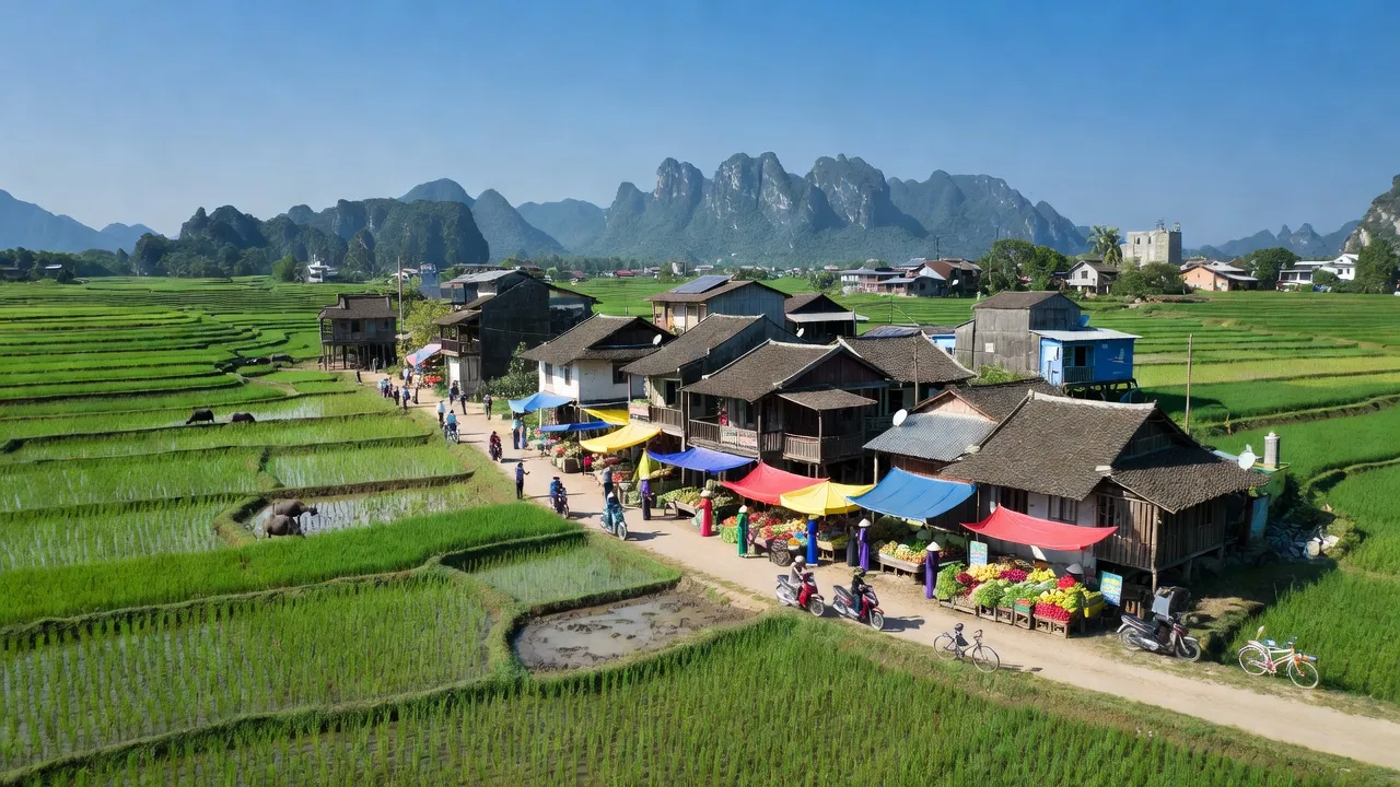 Cảnh quan Huyện Yên Mô Ninh Bình với cánh đồng xanh, nhà truyền thống và thị trường địa phương.