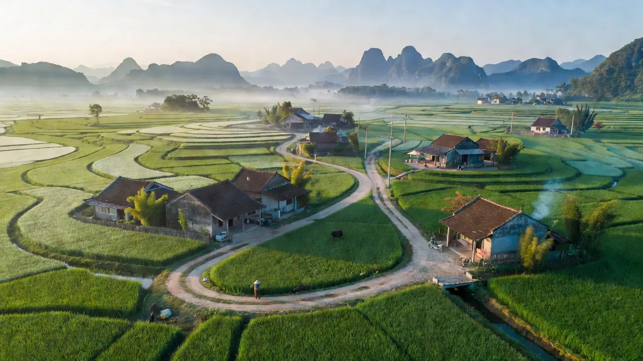 Khung cảnh huyện Yên Mô Ninh Bình với cánh đồng xanh tươi và nhà truyền thống.