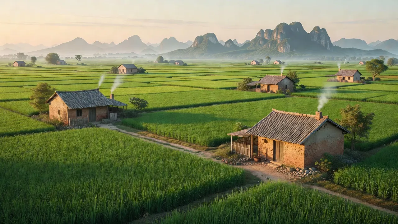 Cảnh quan xã Khánh Dương, huyện Yên Mô, Ninh Bình với cánh đồng xanh, nhà nông thôn truyền thống.