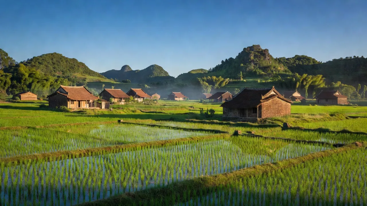 Khánh Thượng, Yên Mô, Ninh Bình: beautiful rural landscape with rice fields and traditional houses.
